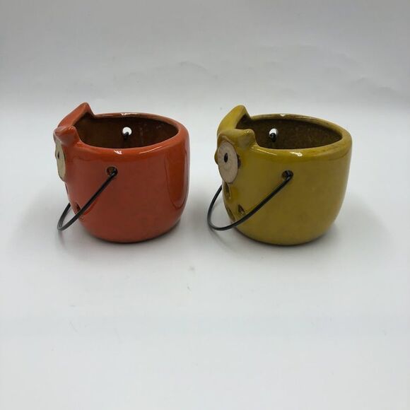 Vintage Gerson International Ceramic Owls Set of 2 with Handles Orange Yellow - Picture 11 of 11